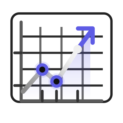 Line graph with three points showing upward trend ending in an arrow pointing top right.