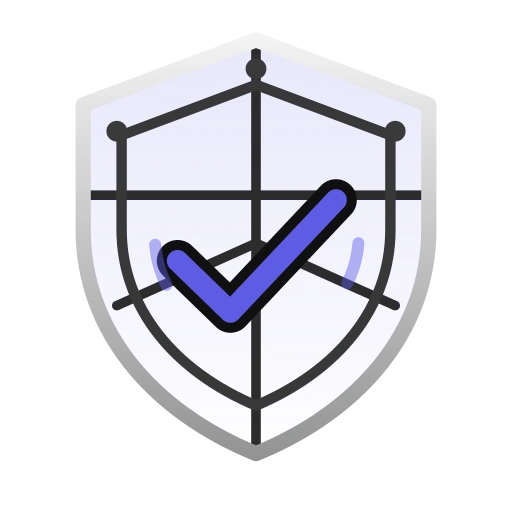 Blue shield with black grid lines and a black checkmark in the center.