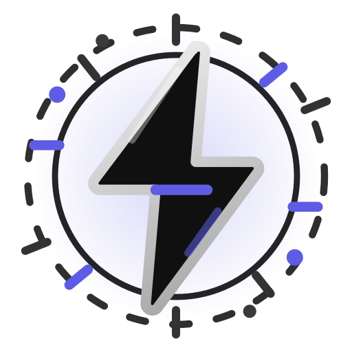 Black lightning bolt symbol inside a blue circle with radiating lines on a white background.