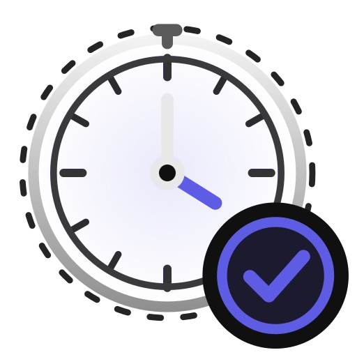 Clock showing 12 o'clock with a blue checkmark symbol on the bottom right.