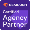 SEMrush Certified Agency Partner badge with logo on a purple background.
