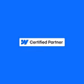 White rectangular badge with blue W icon and text 'Certified Partner' on a blue background.