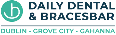 Logo with a turquoise circle containing a white lowercase 'b' and text 'Daily Dental & Braces Bar'.