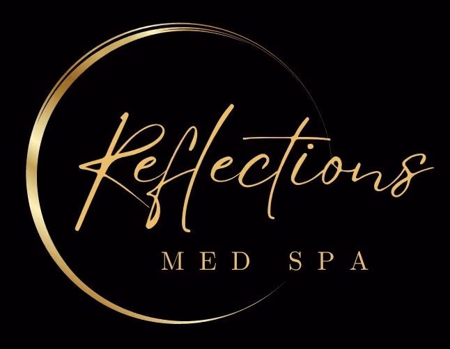Reflections Med Spa logo with elegant gold text and a crescent moon on a black background.