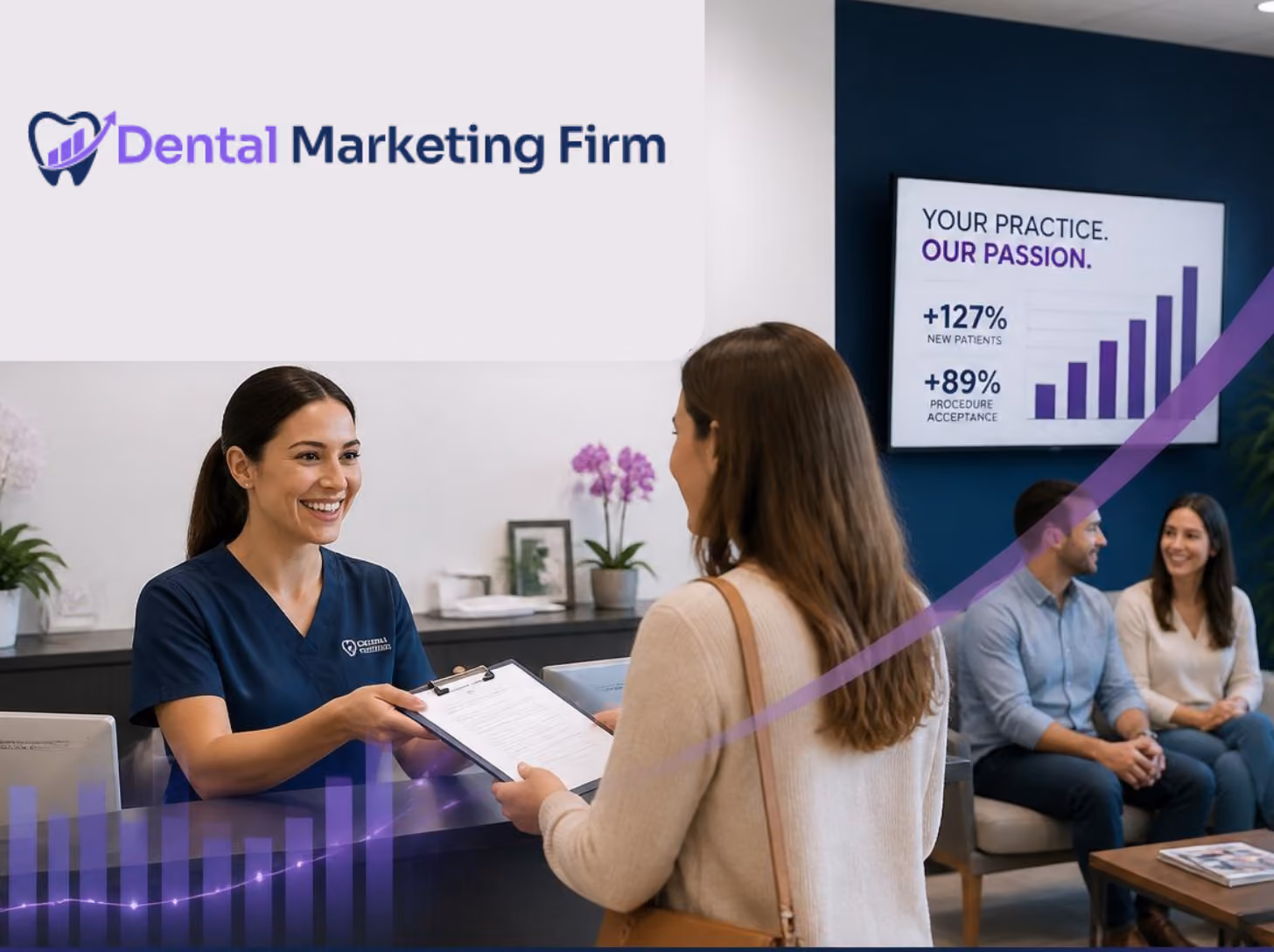 Receptionist in blue scrubs smiling and handing a clipboard to a woman in a dental office.