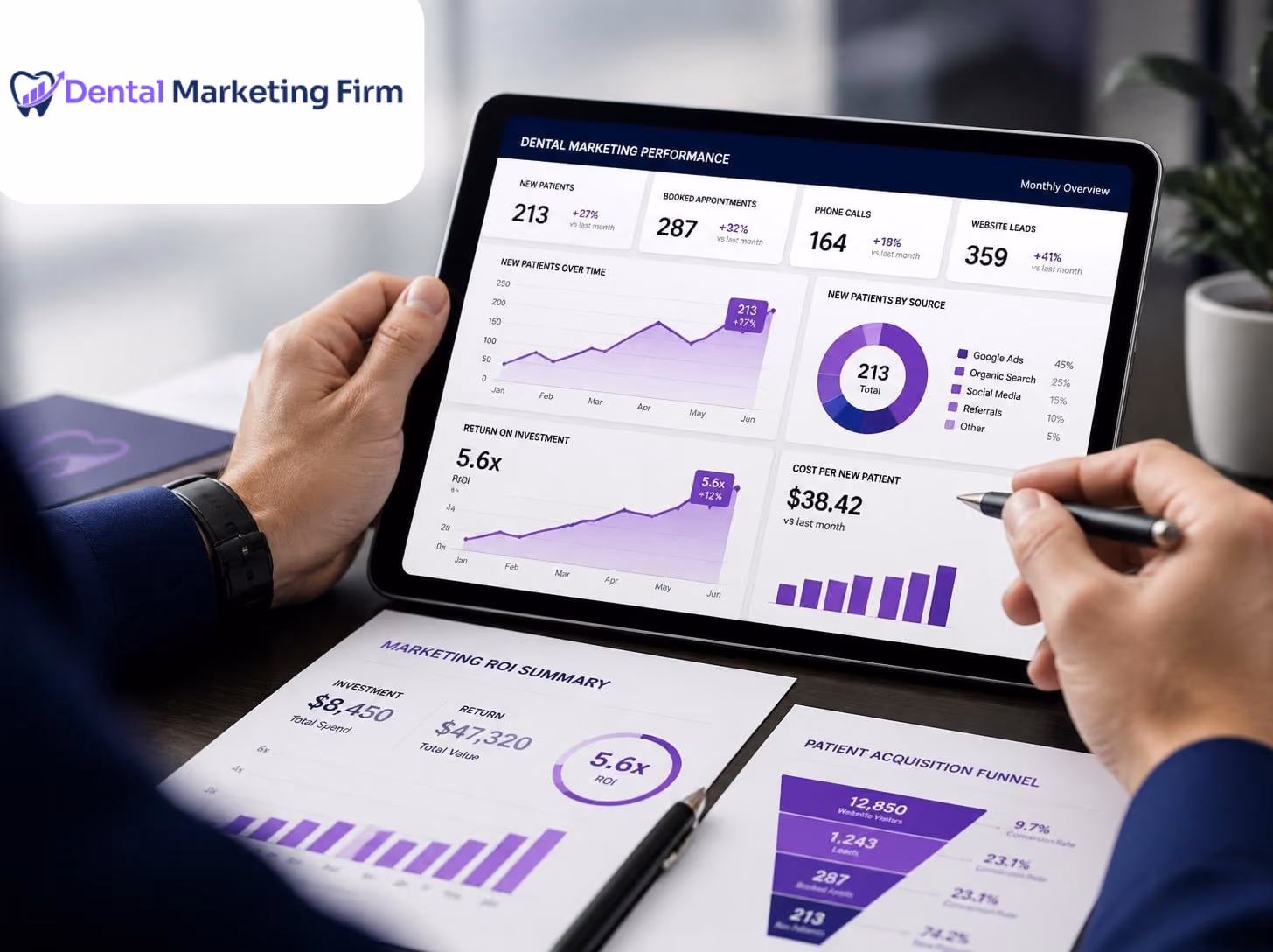 Tablet showing dental marketing performance charts and a hand pointing with a pen, with papers showing ROI and funnel.