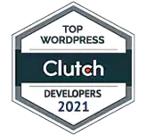 Hexagonal badge reading Top WordPress Developers 2021 with Clutch logo in the center.