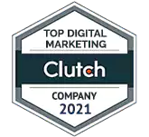 Hexagonal badge reading Top Digital Marketing Clutch Company 2021.