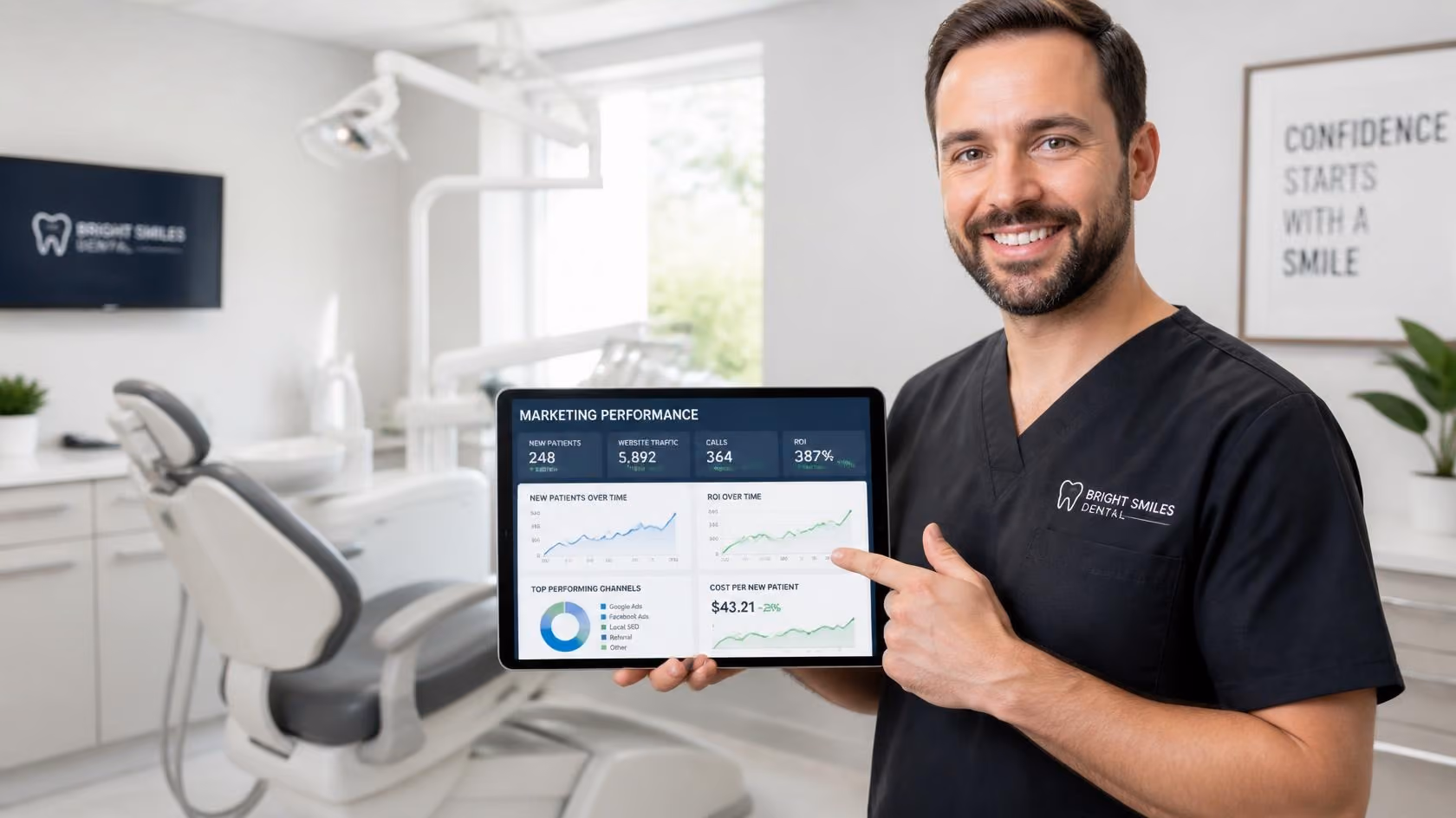 Dentist in black scrubs holding tablet showing marketing stats in a bright dental office.