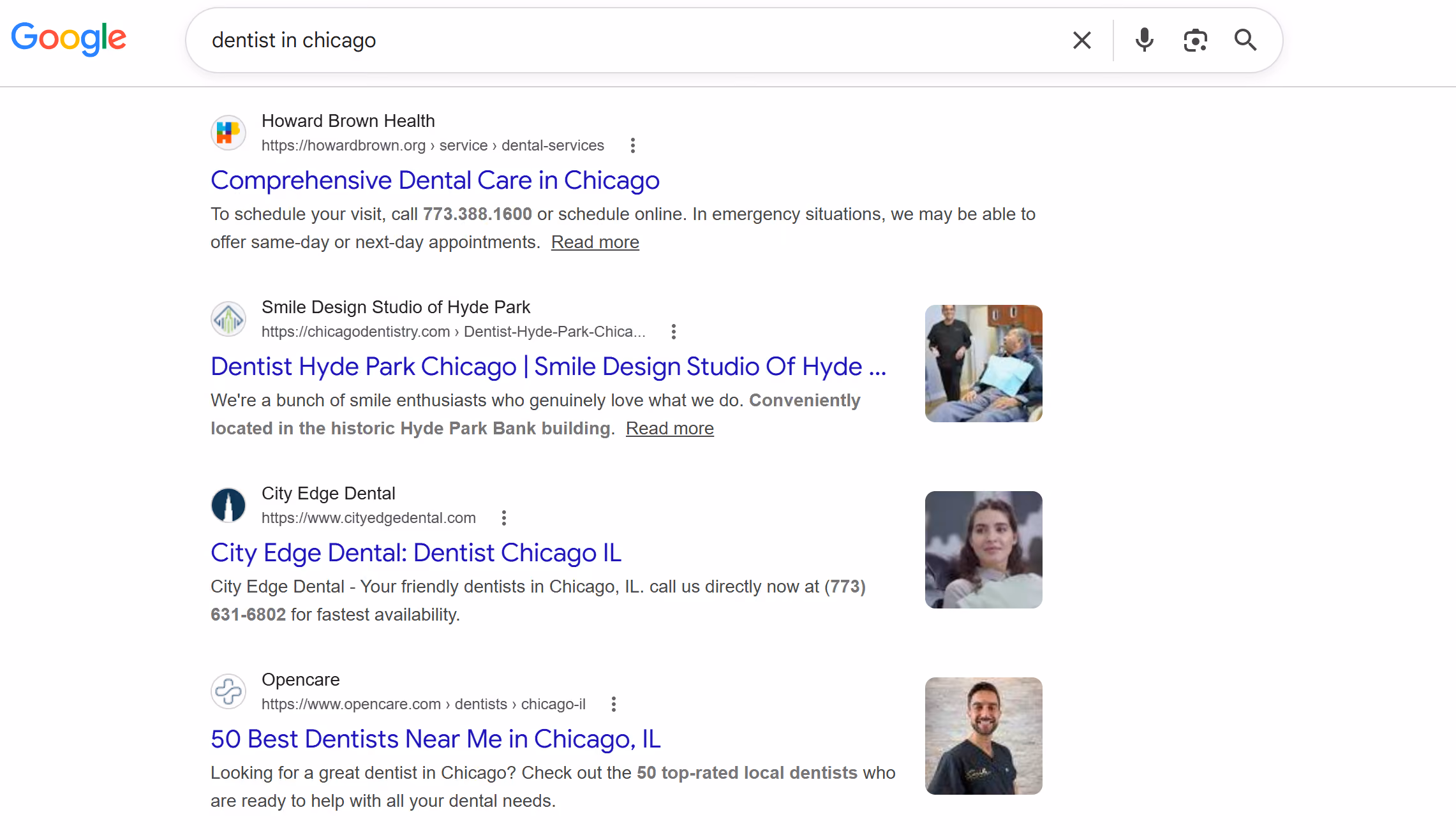 Google search results page listing dental services and dentists in Chicago with images of people.