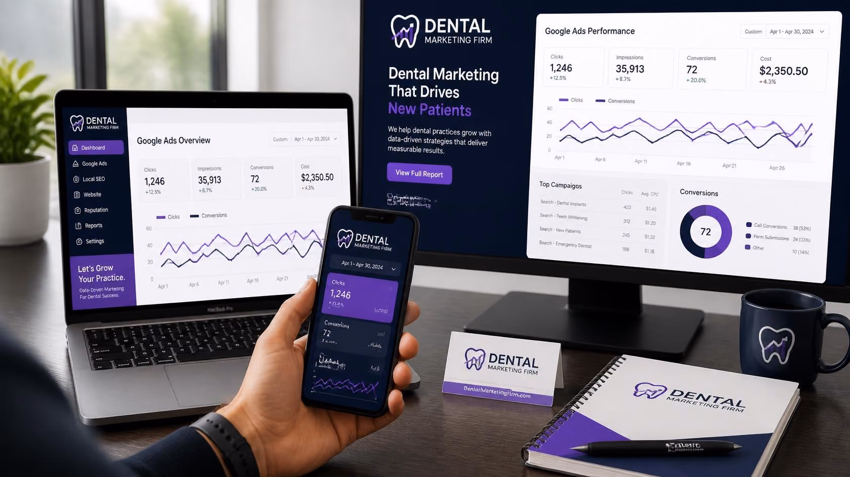 Dental Marketing Firm dashboard with Google Ads metrics shown on laptop, phone, and monitor screens.