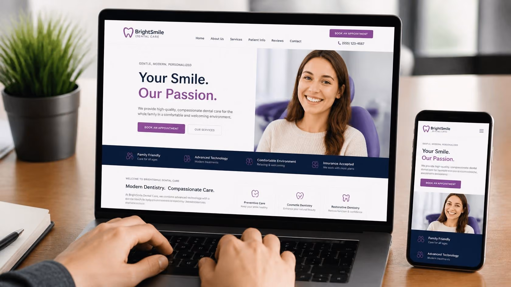 Laptop and phone displaying a dental practice website with appointment booking options.