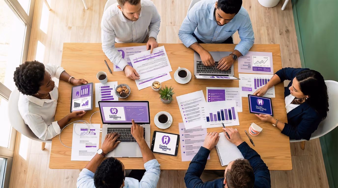 Six professionals collaborate at a table with laptops, tablets, charts, coffee, and snacks in a meeting.