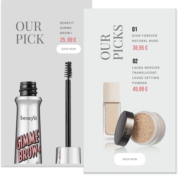 Featured products on stories with prices and descriptions.