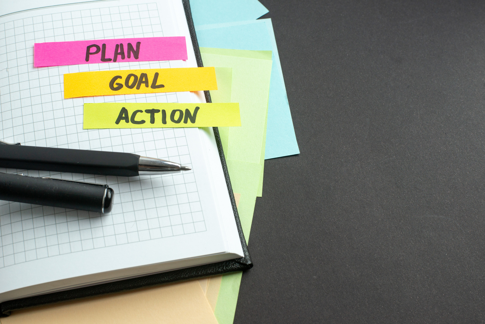 Plan, goal, action, representing the important steps of creating web stories.