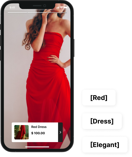 women wearing red dress with product tag on it