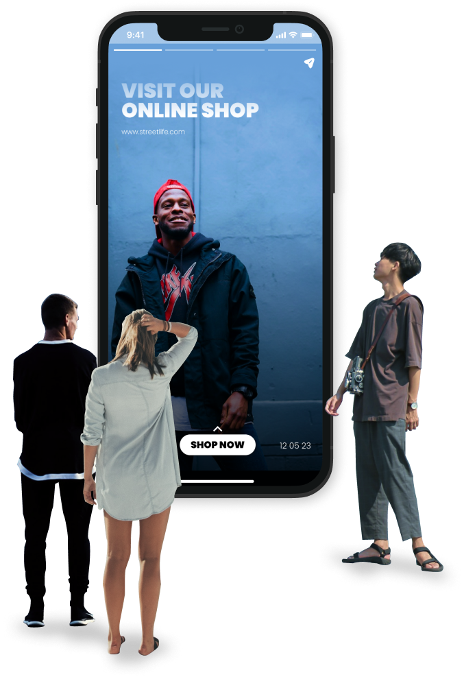 A group of people viewing story content.