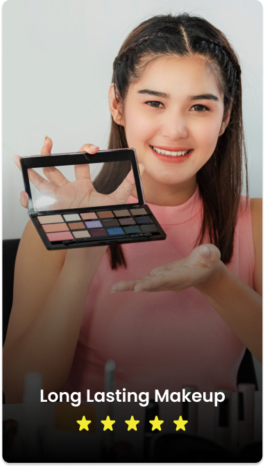 A girl reviewing makeup for a video.