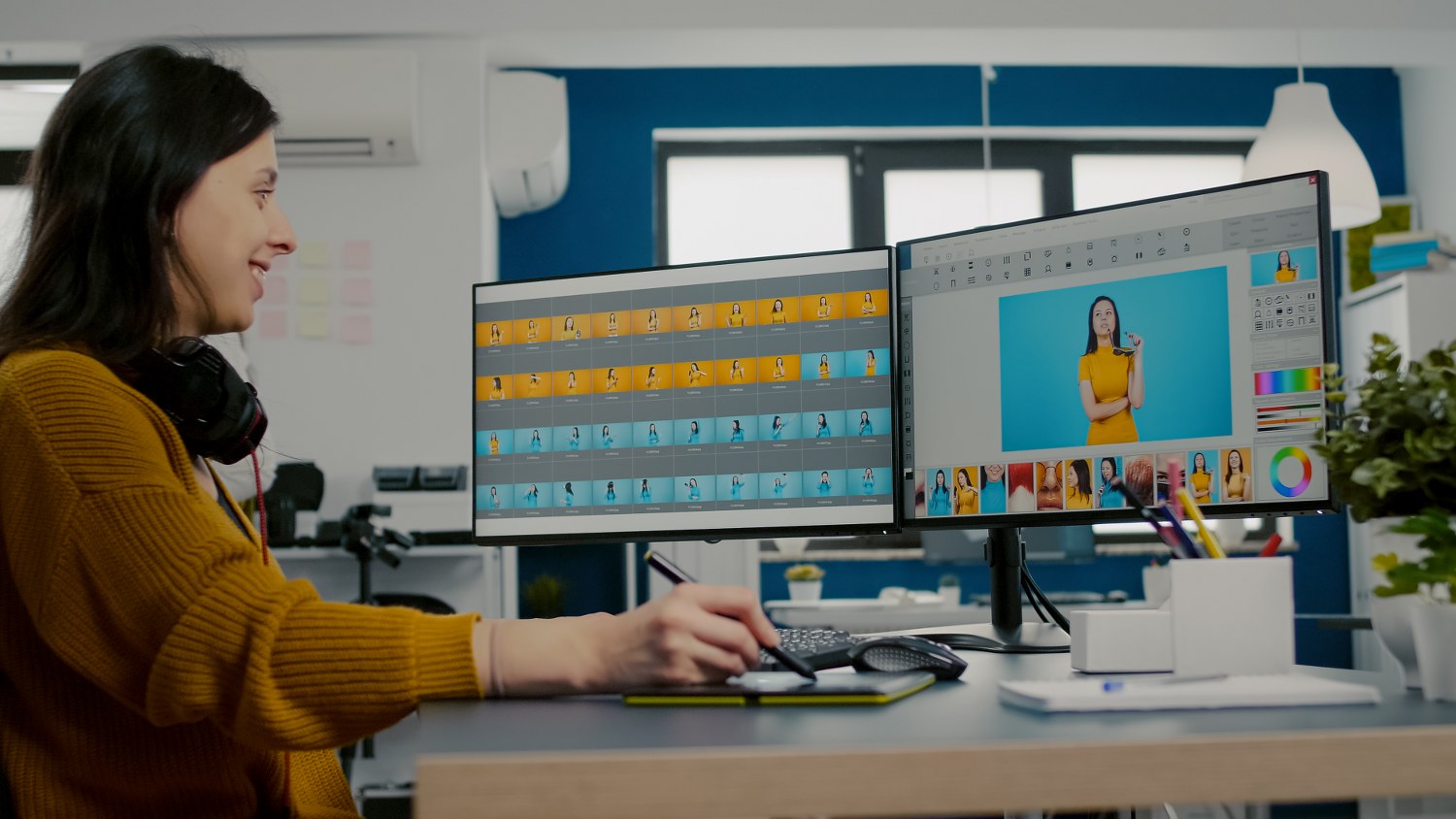 A person going over a library of images.