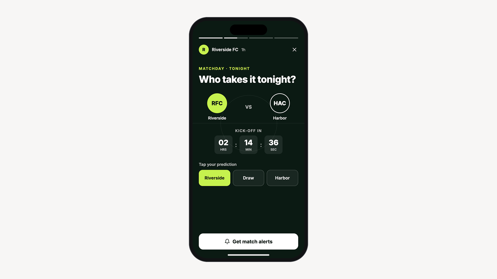 Smartphone showing a football club story asking βWho takes it tonight?β with team badges, a kick-off countdown and three prediction buttons.