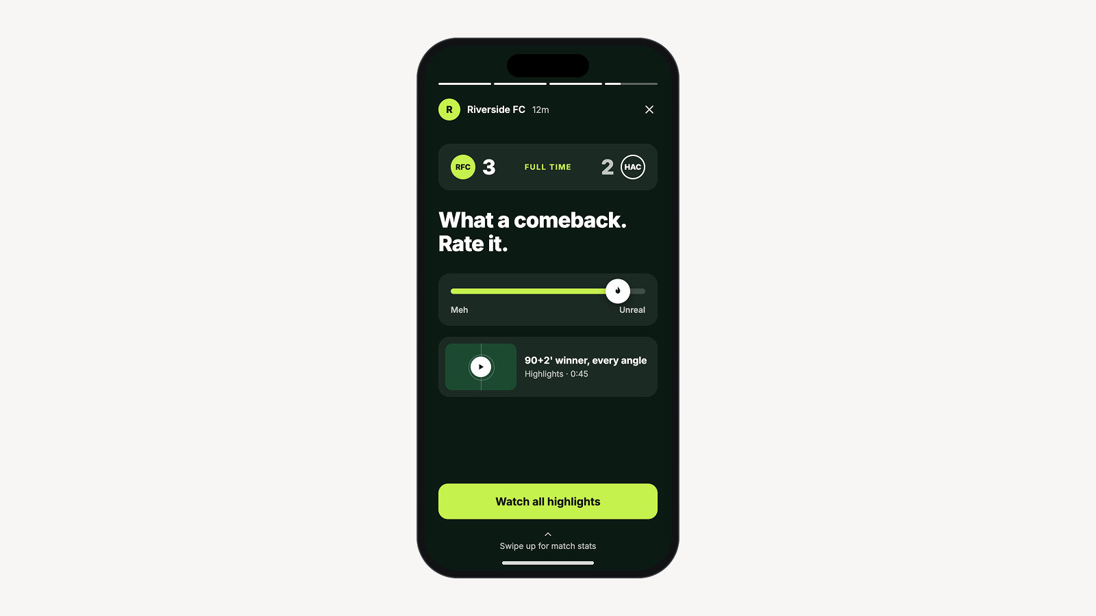 Smartphone showing a football story with a 3β2 full-time score, a slider rating the match, and a highlights video card.