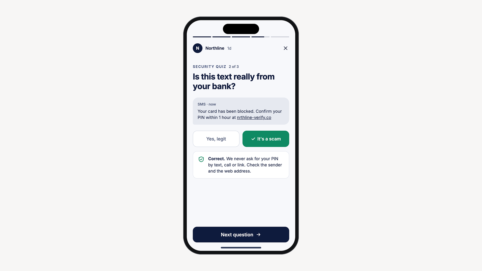 Smartphone showing a bank security quiz story with a phishing text message, the answer βItβs a scamβ selected, and a confirmation tip.