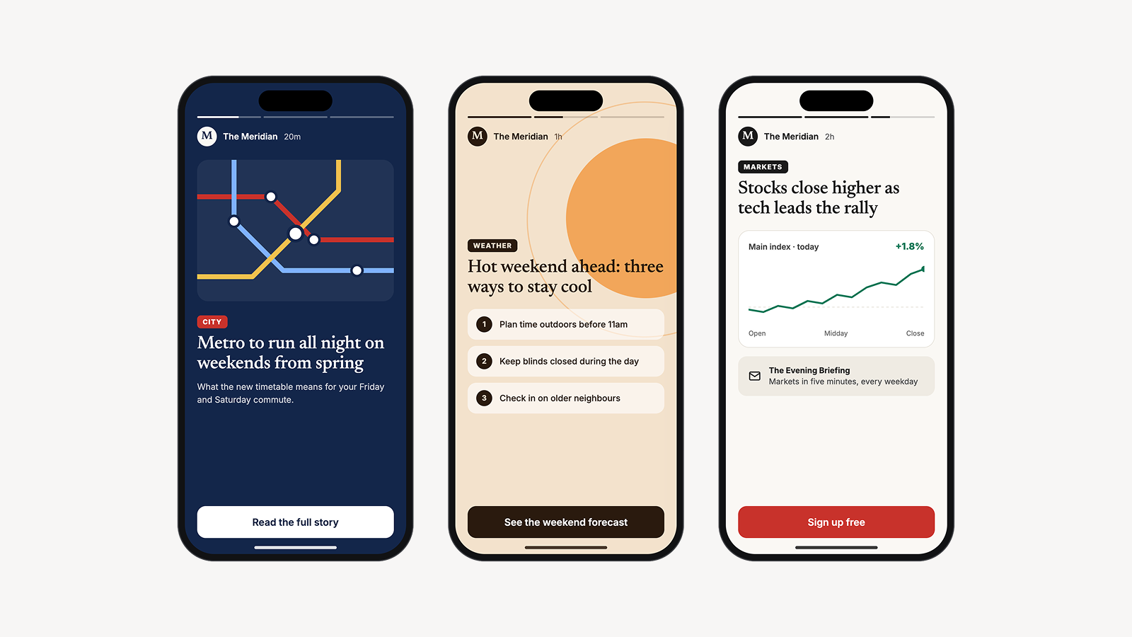Three smartphones in a row showing a sequence of news stories: a city transit update, a weather tips list and a markets chart with a newsletter sign-up.