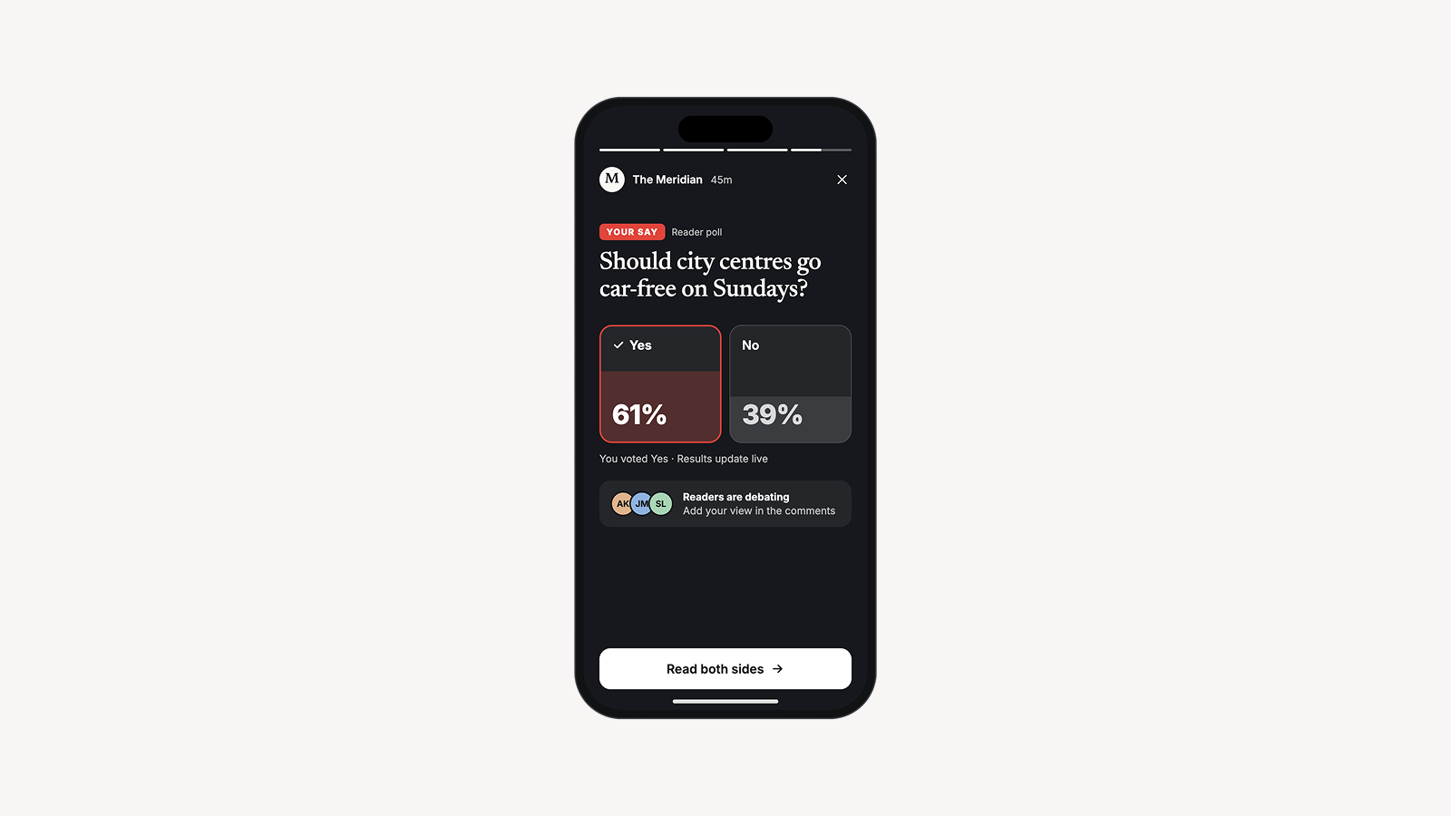 Smartphone showing a news story poll asking “Should city centres go car-free on Sundays?” with Yes and No results and a prompt to join the discussion.