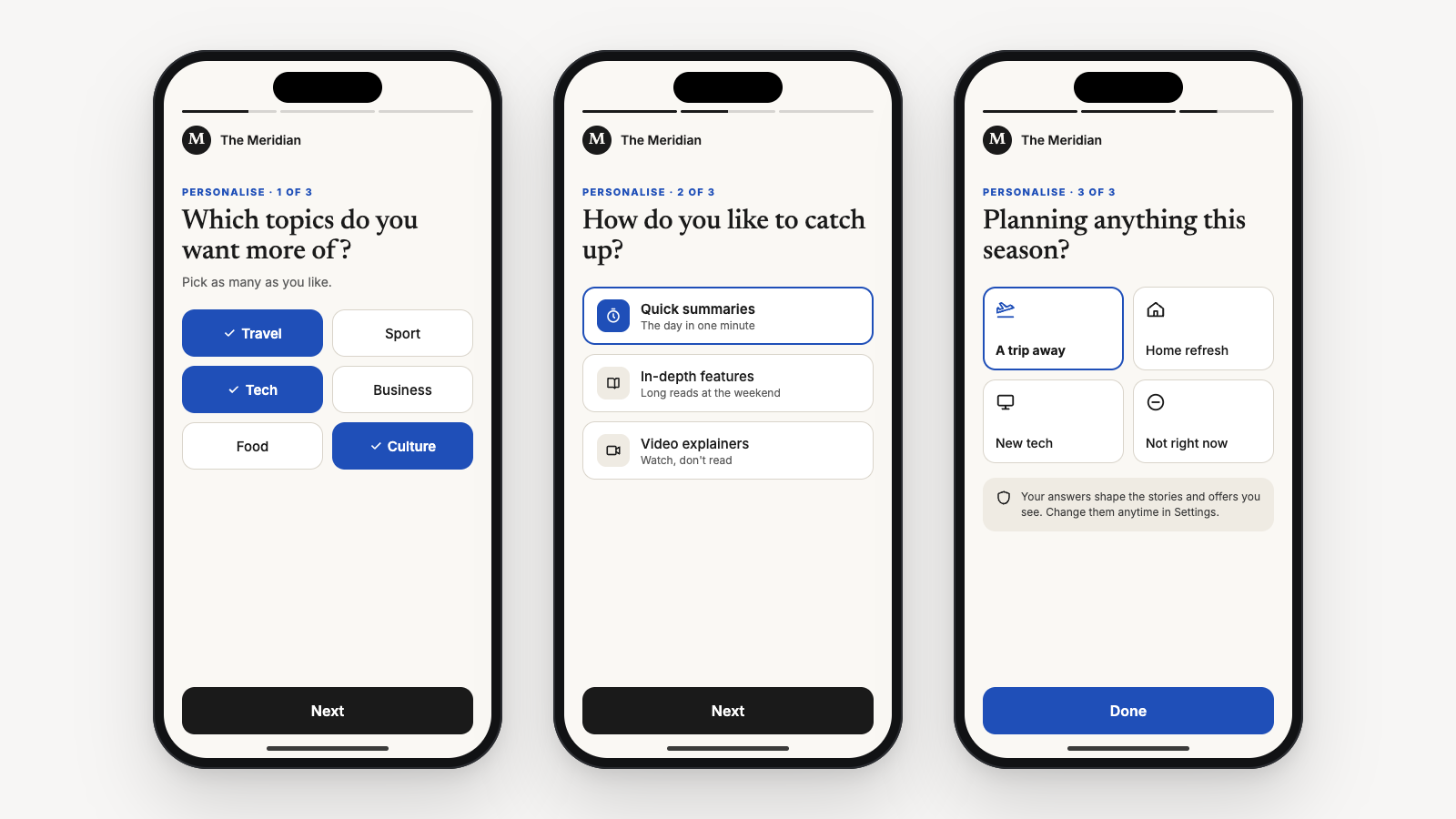 Three smartphones showing interactive stories that ask readers about their favourite topics, preferred reading format and upcoming plans.