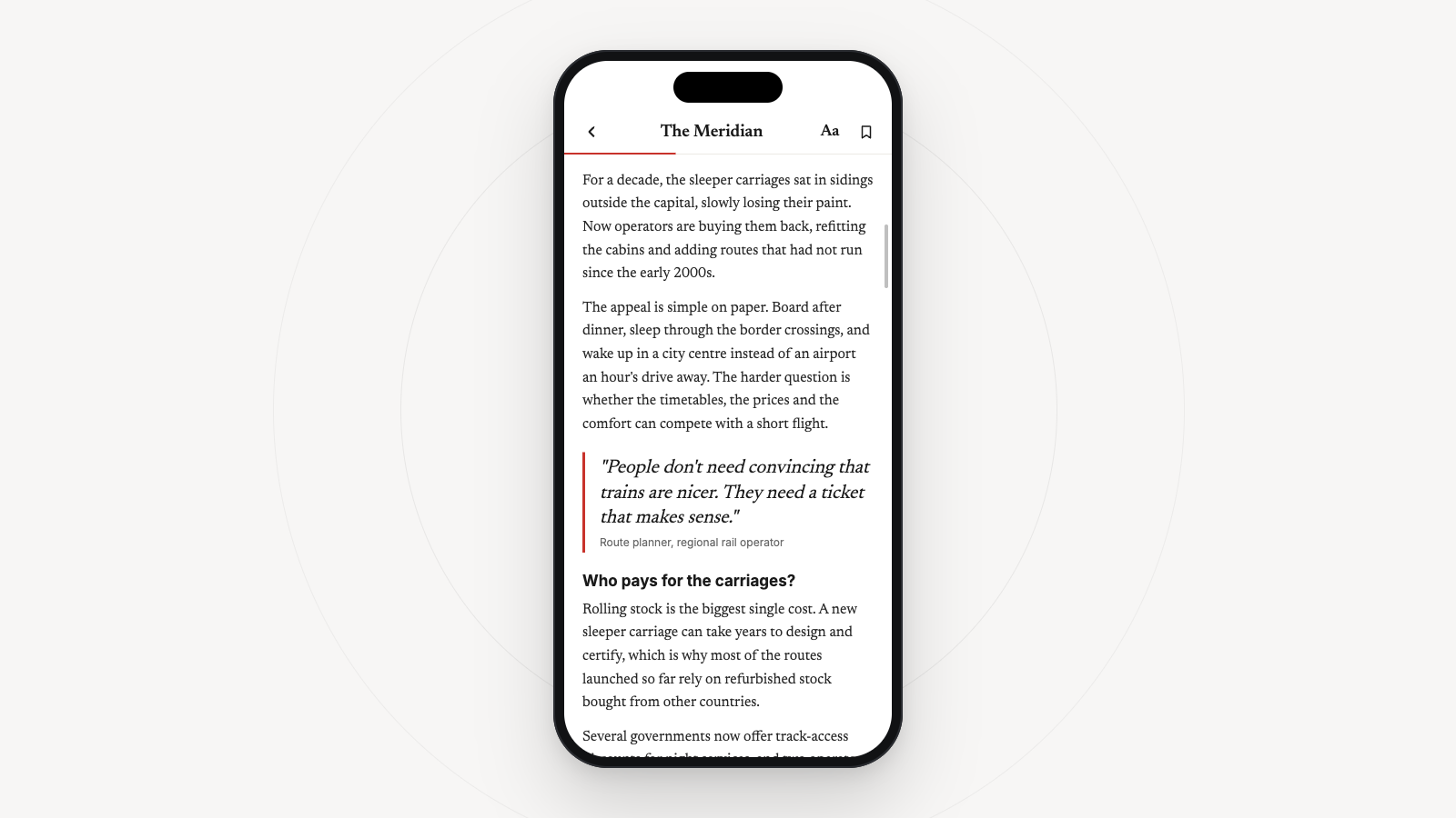 Smartphone showing a long, text-heavy news article about night trains, with a pull quote and subheading.