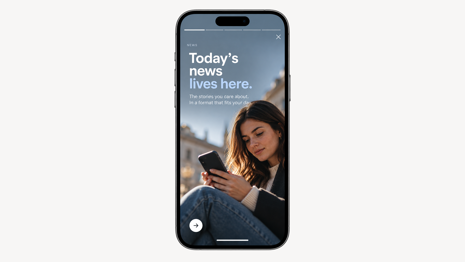 iPhone mockup showing a young reader consuming news through a vertical, mobile-native Story format.