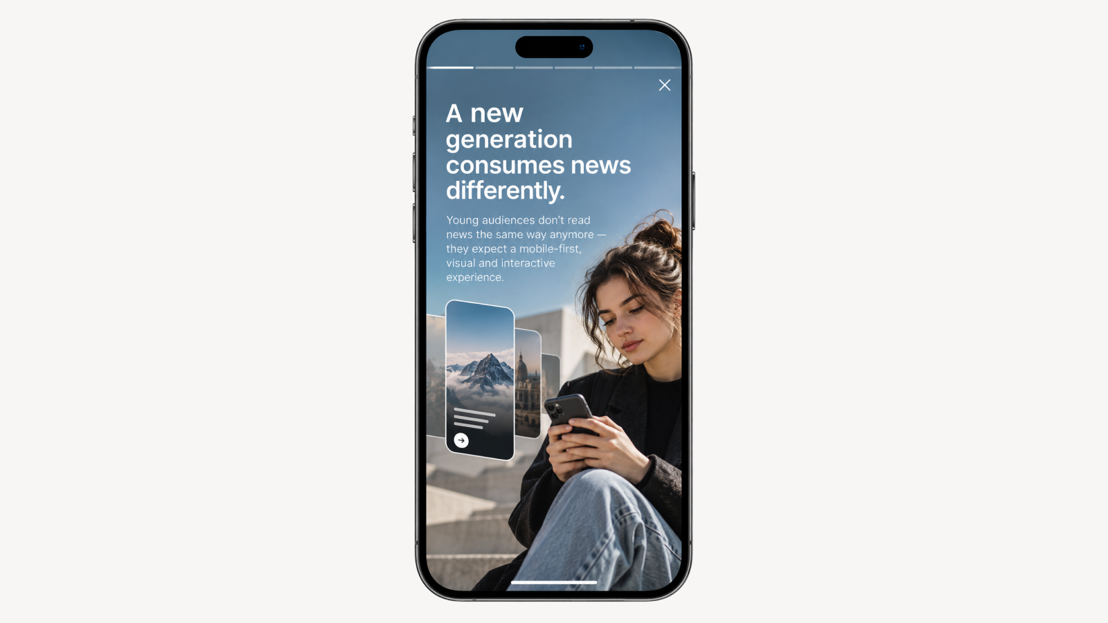iPhone mockup illustrating how news publishers can present editorial content through interactive, vertical Stories designed for mobile audiences.