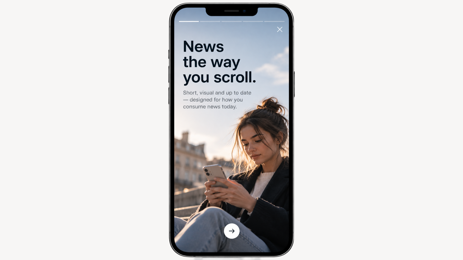 iPhone mockup displaying an immersive news Story with full-screen photography, short editorial summaries, and mobile-friendly navigation.