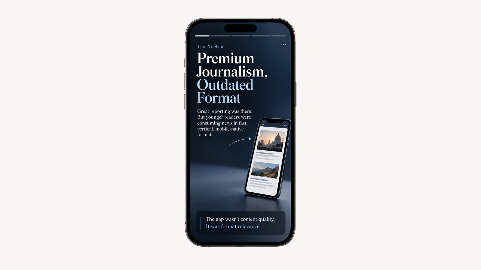 iPhone mockup showing a mobile news Story about how traditional publishers can adapt premium journalism for younger, mobile-first audiences.
