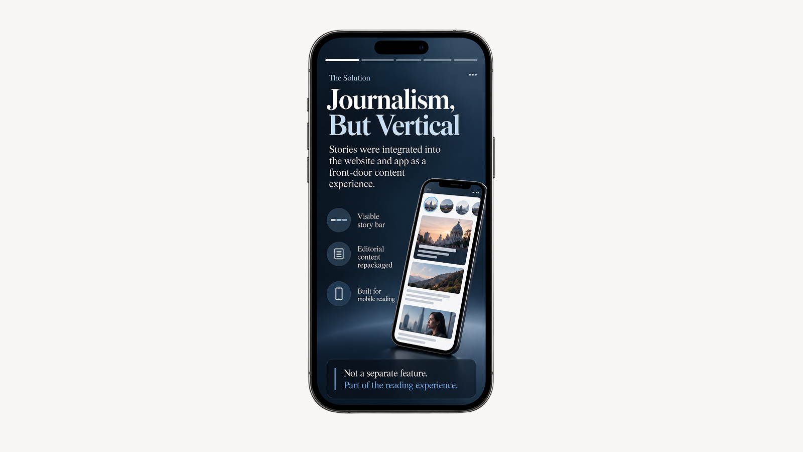 iPhone mockup illustrating mobile-native news Stories, with a story bar and vertical editorial content integrated into a publisher's website and app.
