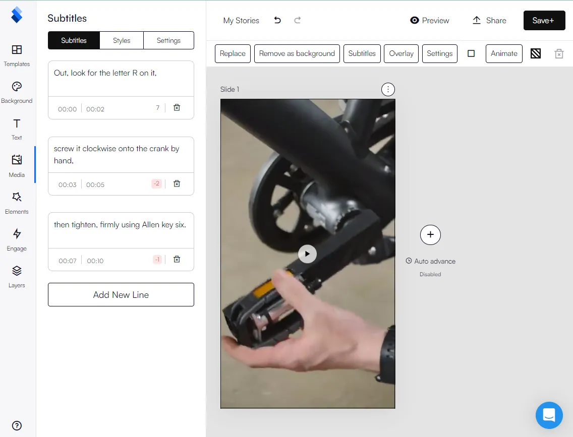 StorifyMe editor showing how subtitle are generated for videos