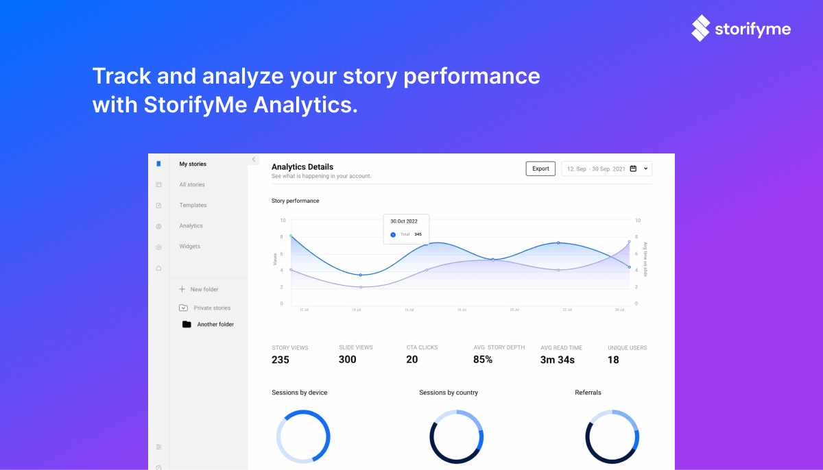 Screenshot from StorifyMe platform showing analytic reports.