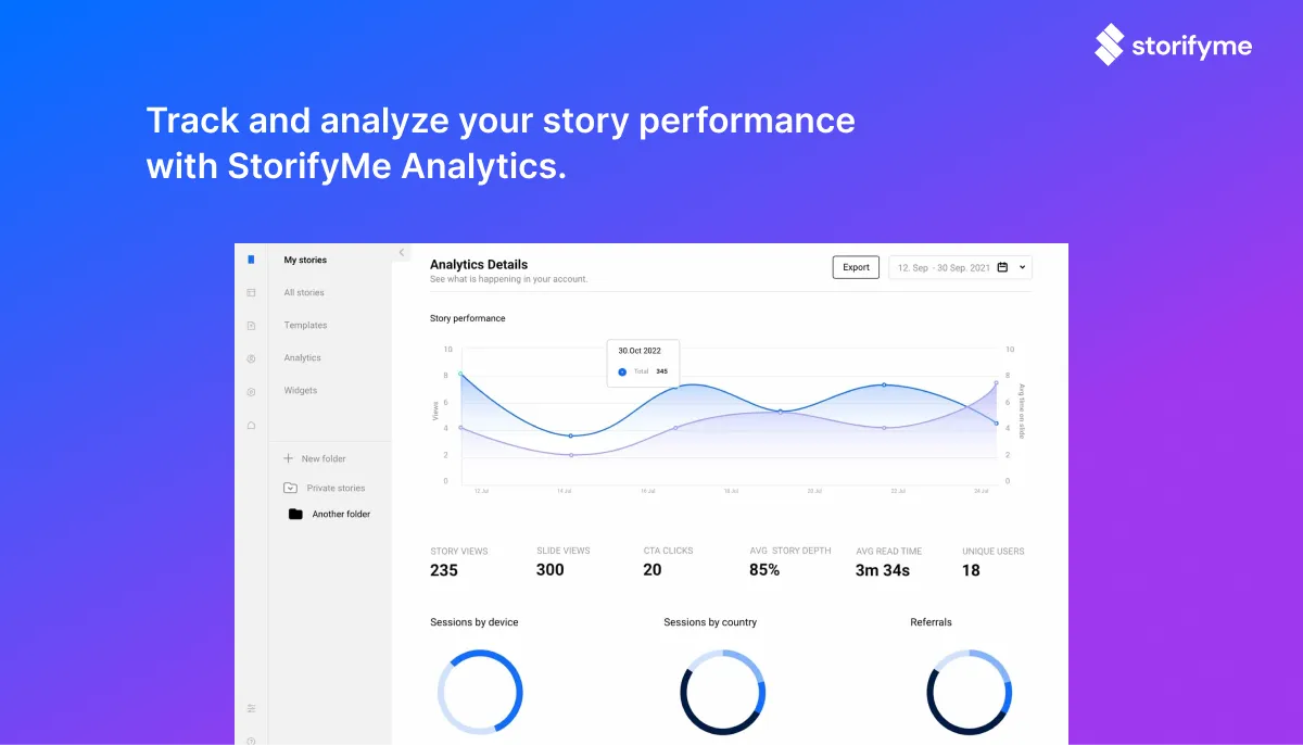 Screenshot from StorifyMe platform showing analytic reports.