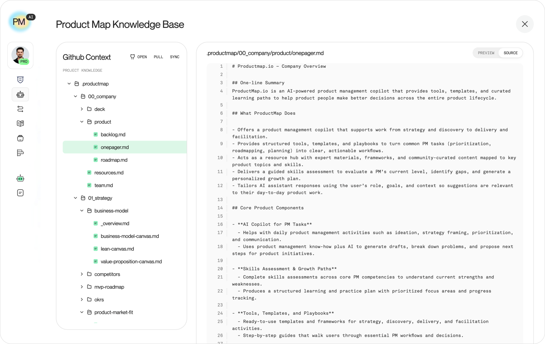 Github Context file tree in Product Map showing the seeded .productmap domain folders and starter Markdown templates