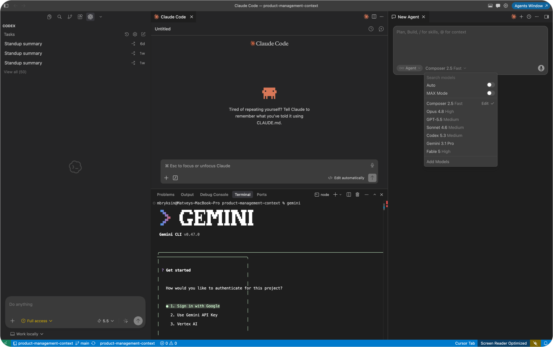 Cursor IDE showing three agent panels side by side, Claude Code, Codex, and a terminal running Gemini CLI, all open on the same Git repository