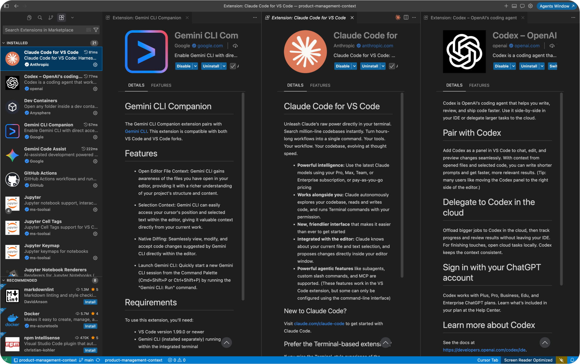 Cursor Extensions panel with Claude Code for VS Code, Codex, and Gemini CLI Companion installed, showing all three extension detail pages open side by side in the editor