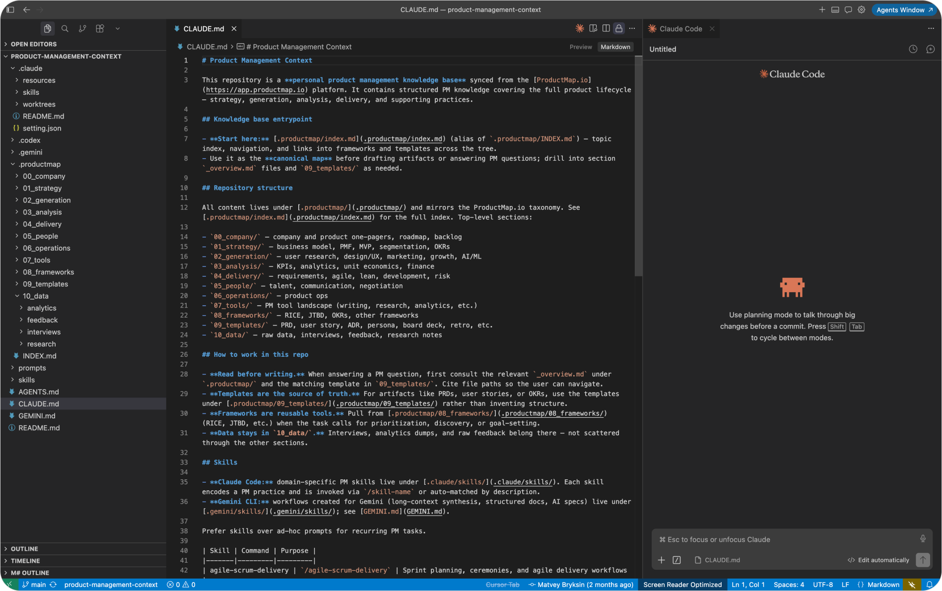 Code editor view of CLAUDE.md with three sections highlighted, Product, How Claude should work, and Conventions, alongside a file tree showing AGENTS.md, CLAUDE.md, and README.md at the repo root