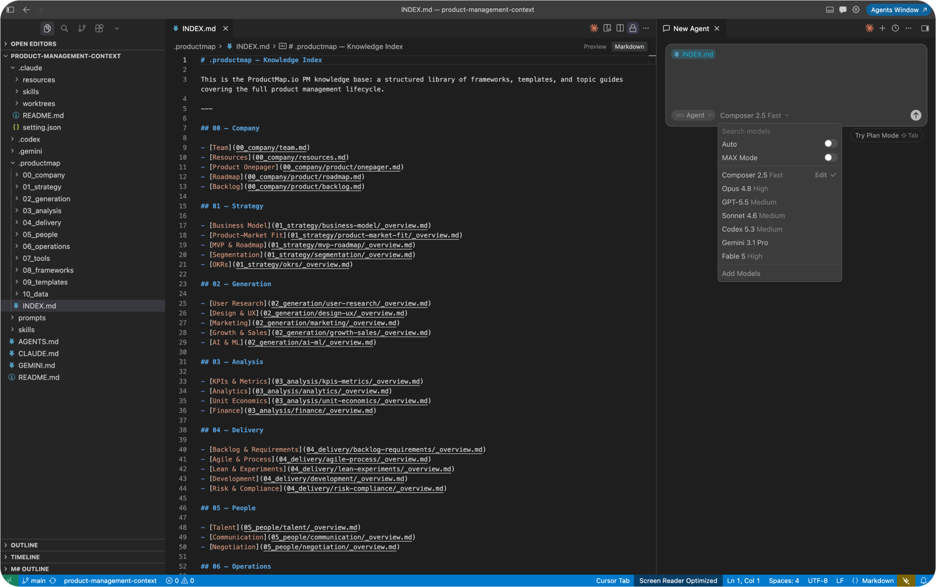 Cursor model selector dropdown showing Composer 2.5, Claude Opus 4, Claude Sonnet, GPT-5.5, Gemini 3.1 Pro, and Grok 4, with the Auto mode toggle visible at the top
