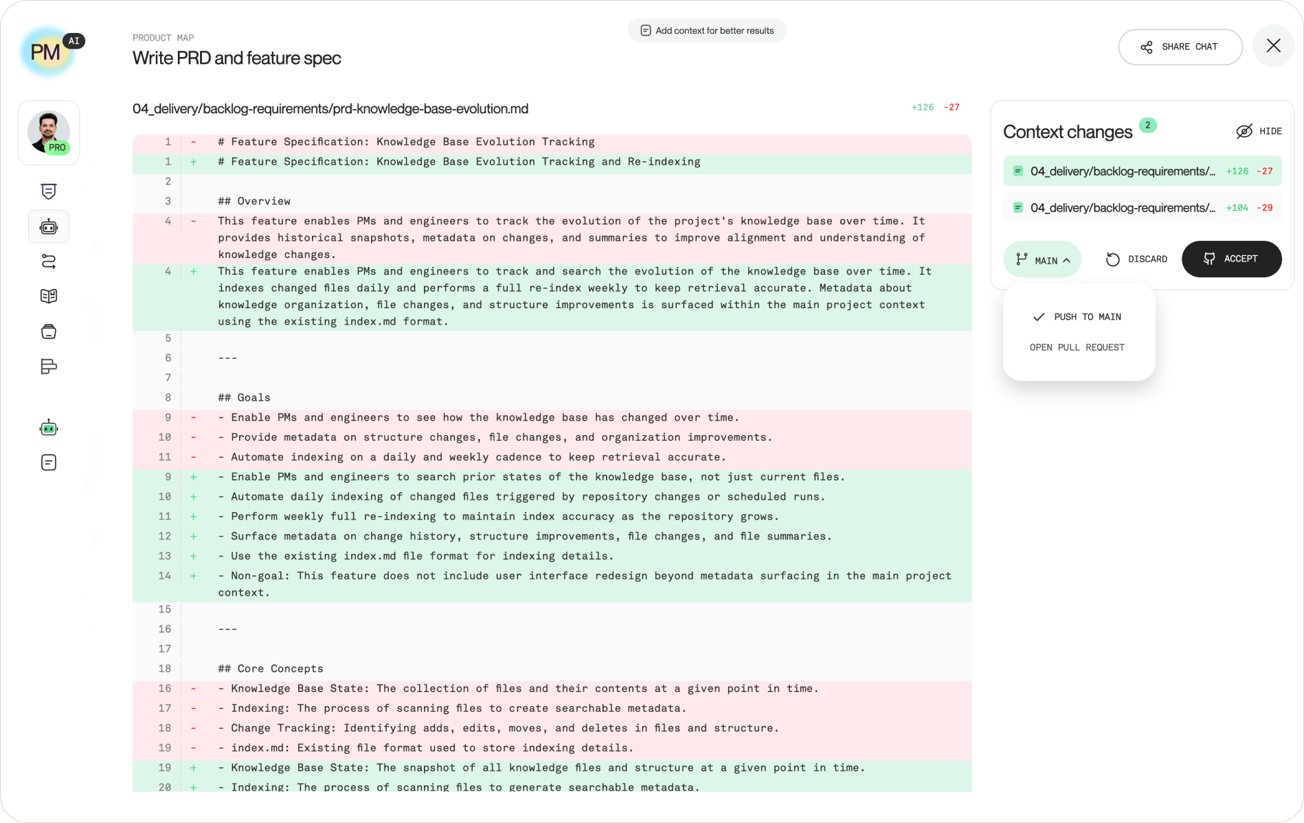 Product Map interface showing a context change ready to commit, with two clearly labeled options, "Push to main" and "Open pull request for review", plus a preview of the Markdown diff beneath
