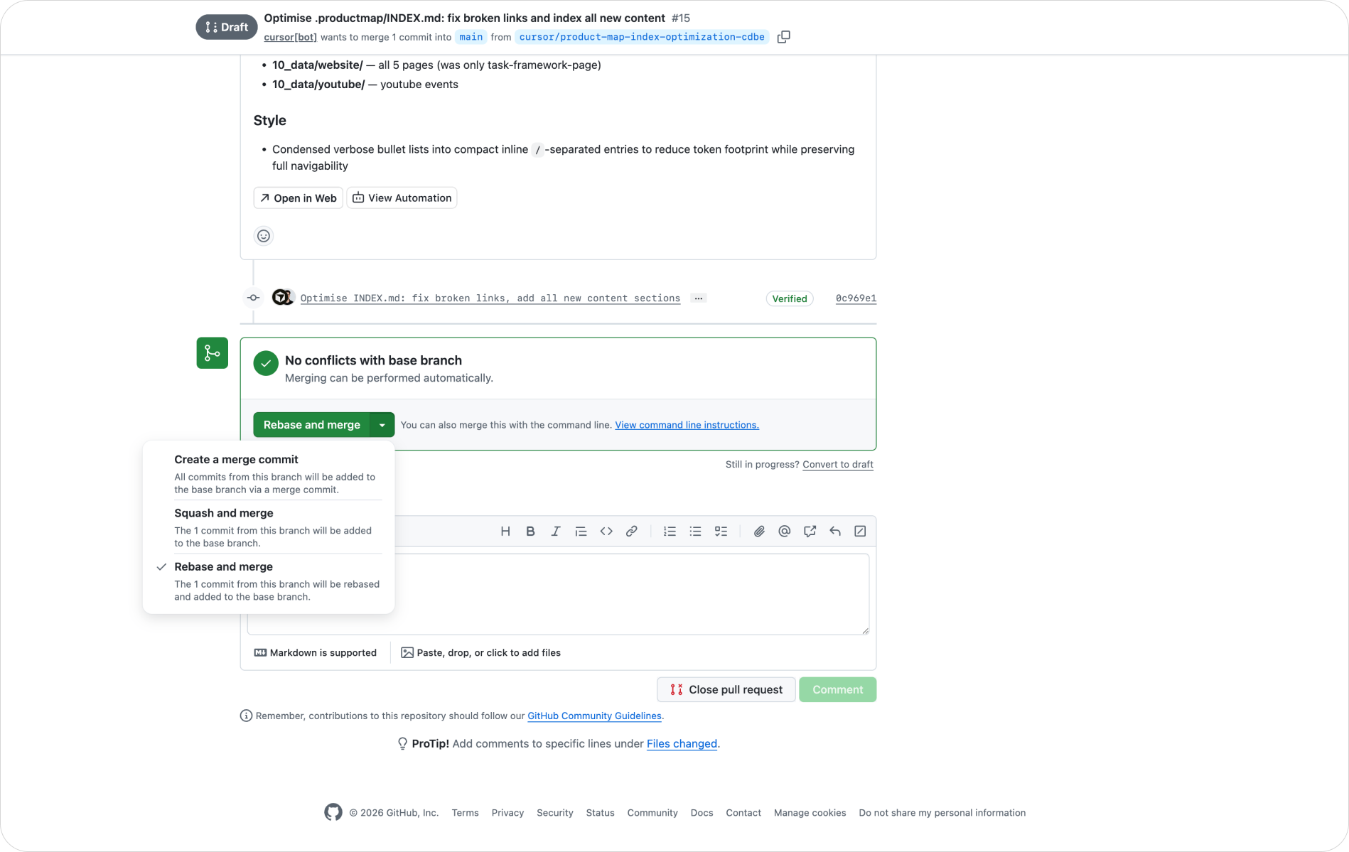 GitHub "Open a pull request" screen comparing a feature branch to main, with the changed-files list, a green diff of a strategy Markdown file, and the merge dropdown expanded showing "Create a merge commit", "Squash and merge", and "Rebase and merge"