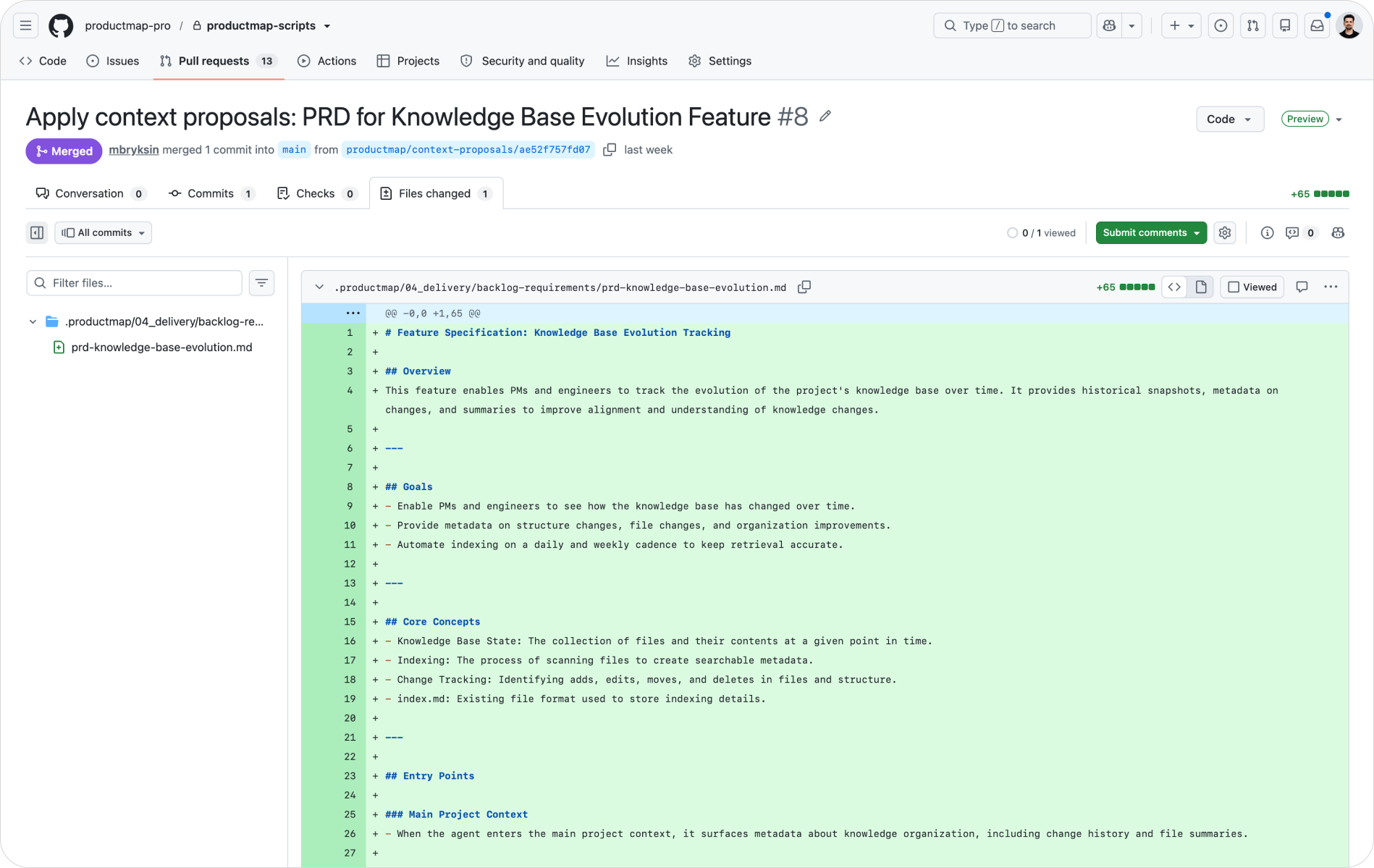 A GitHub pull request view for a context repository, showing a side-by-side diff of a PRD.md file with additions highlighted in green, a reviewer comment thread on the right, and the "Rebase and merge" button visible