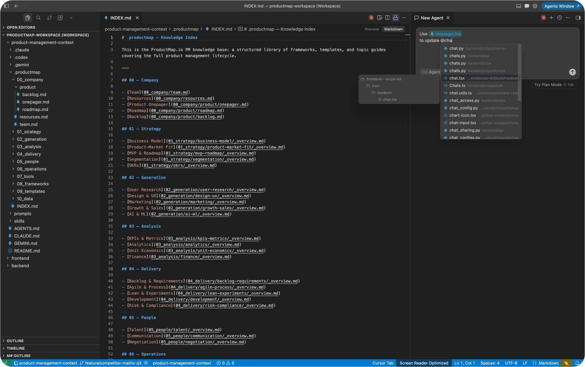 Cursor Explorer panel showing two top-level folders in one workspace: "product-context" with domain folders and a skills folder, and "frontend-app" with source code, plus a chat panel where an agent references a file from the context repo while editing a file in the app repo