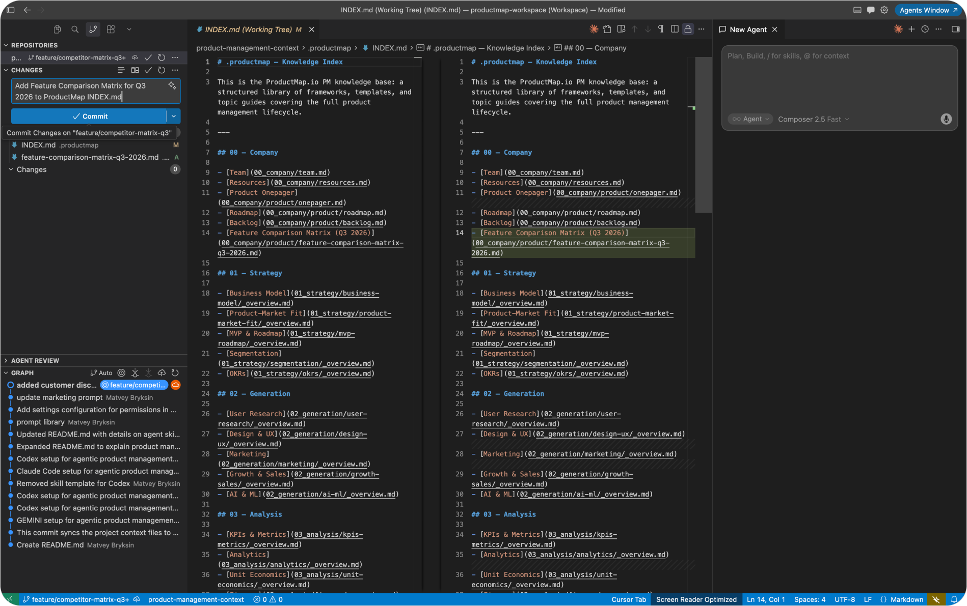 Cursor source control panel showing a branch switcher with "main" and a new "feature" branch, a list of staged context files, and an AI-generated commit message field filled in