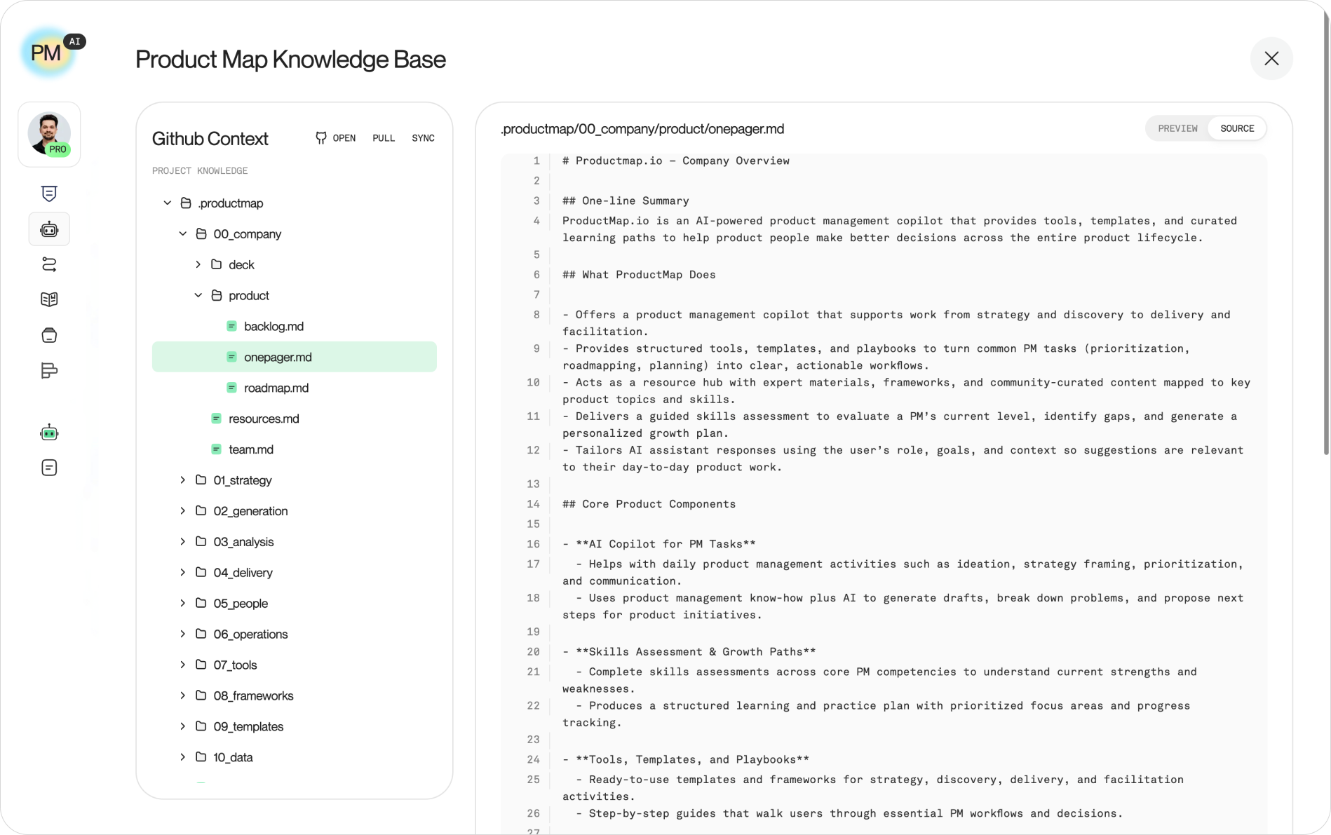 Product Map showing the seeded .productmap folder structure and a starter file open