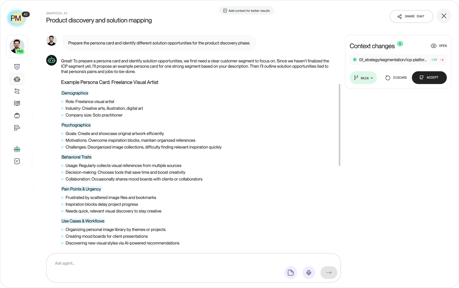 The product discovery agent reading the team's research repository and drafting a persona card plus opportunity areas, with file changes shown in the context panel for review
